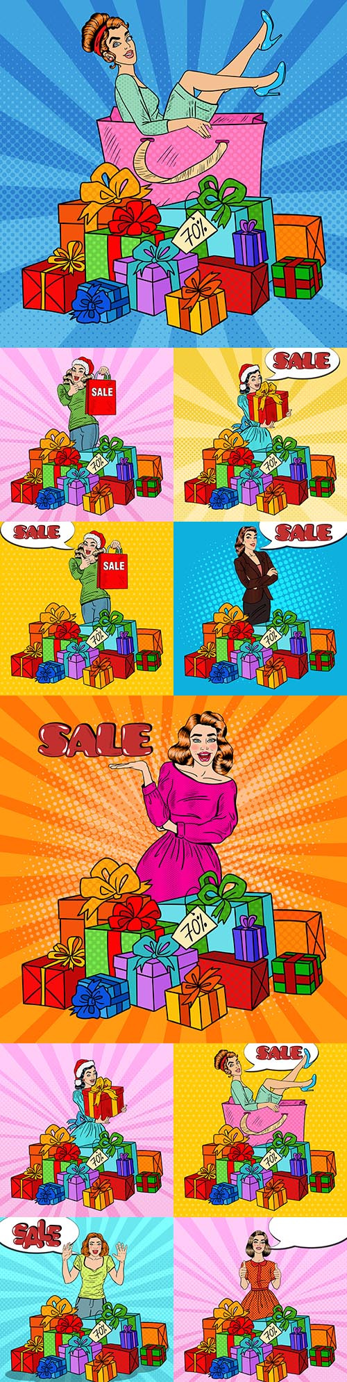 Pop art happy woman with huge gift boxes illustration
