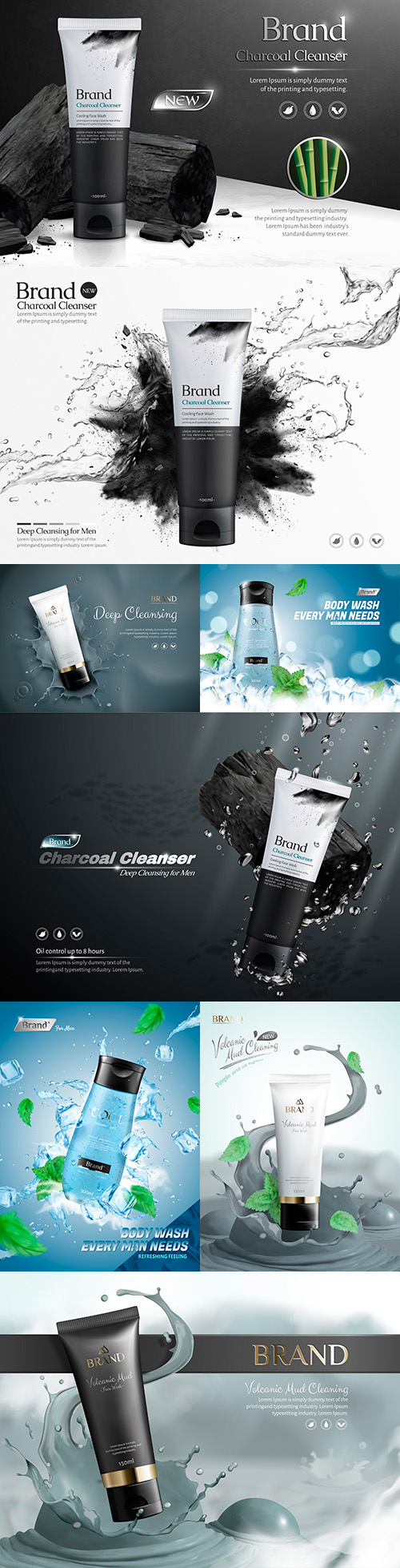 Male skin care products and refreshing shower gel 3d illustrations
