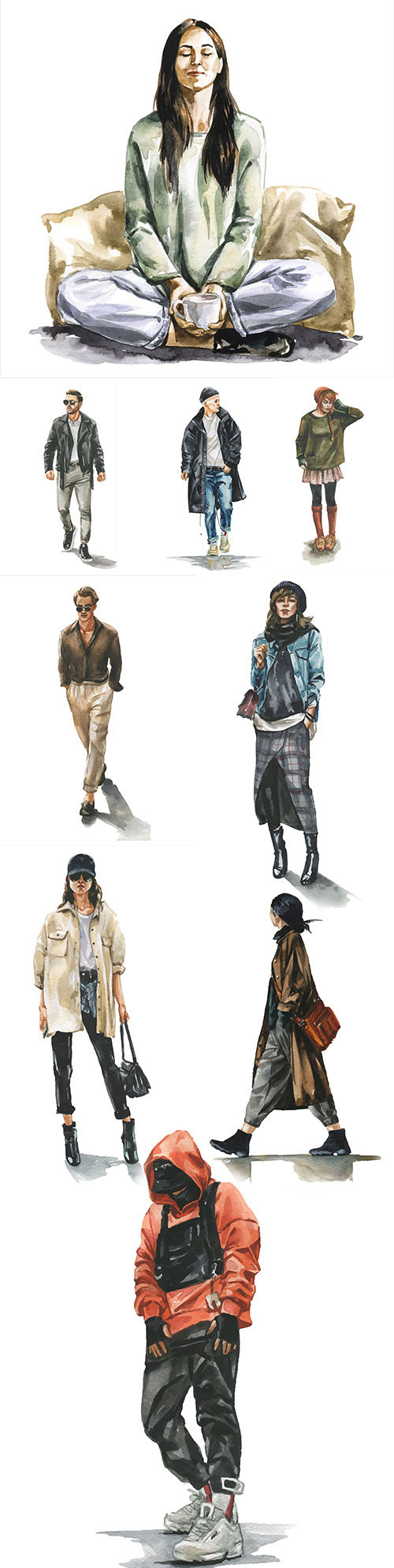 People in different clothes and poses watercolor illustrations

