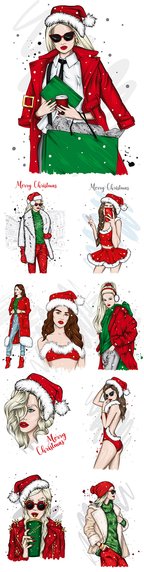 The beautiful girl in Santa's hat Christmas illustrations
