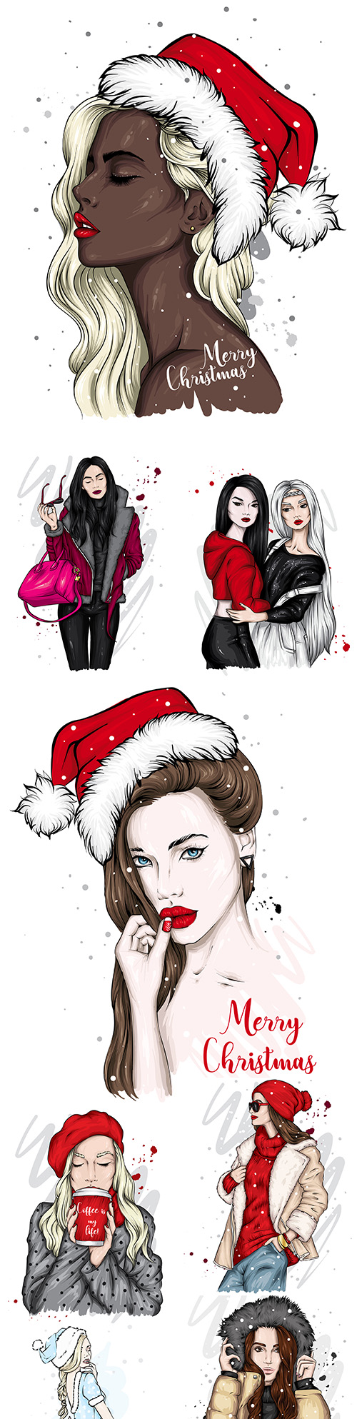 Beautiful girl in Santa Claus hat Christmas illustration 5
