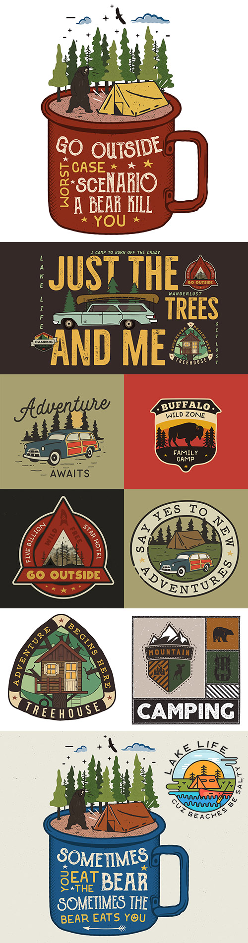 Camping badge design and adventure logo with quote

