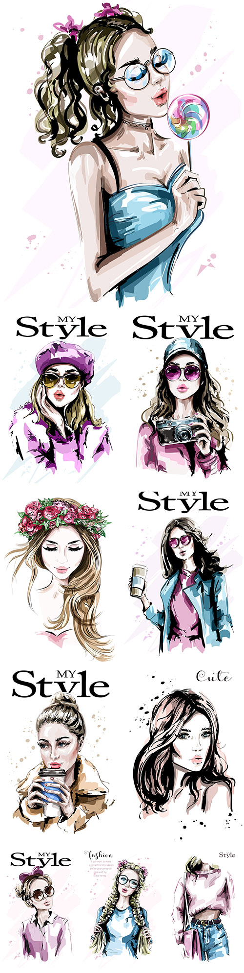 My style Hand drawn beautiful young and fashion girl
