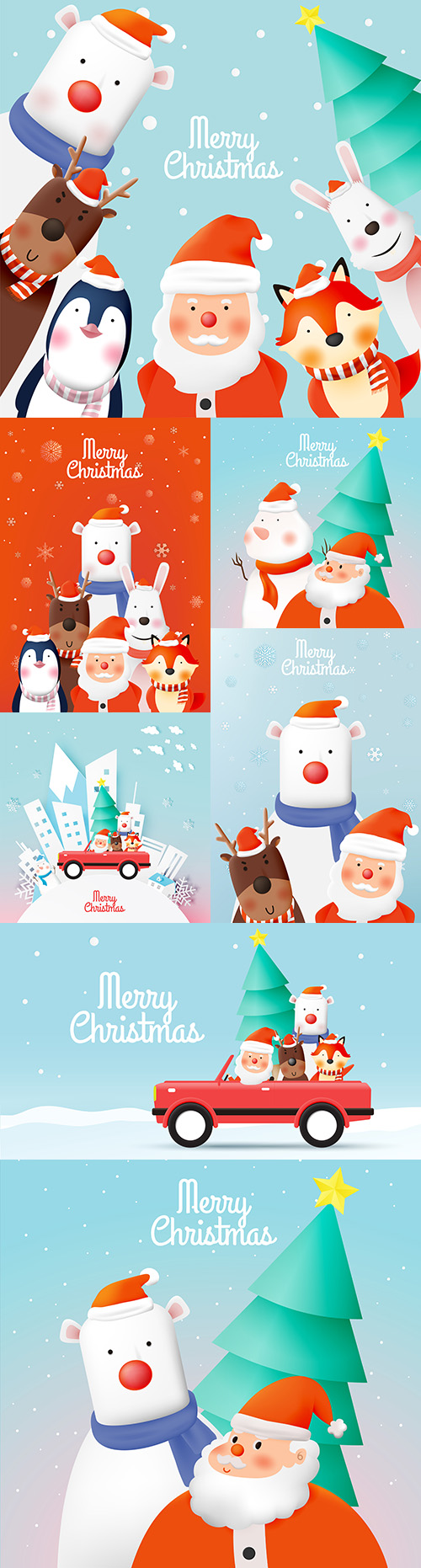 Santa Claus and friends animal cute New Year characters 
