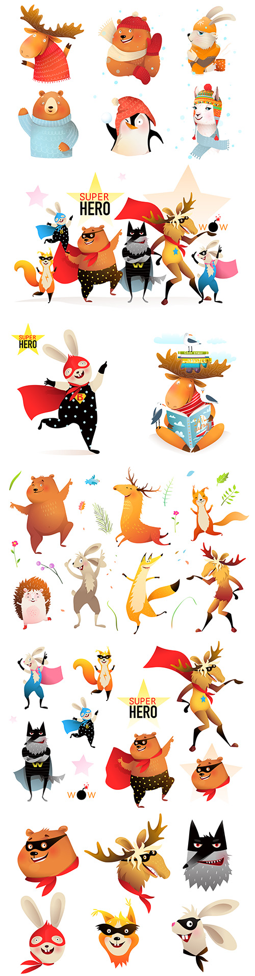 Wild animals and collection painted illustrations superheroes 
