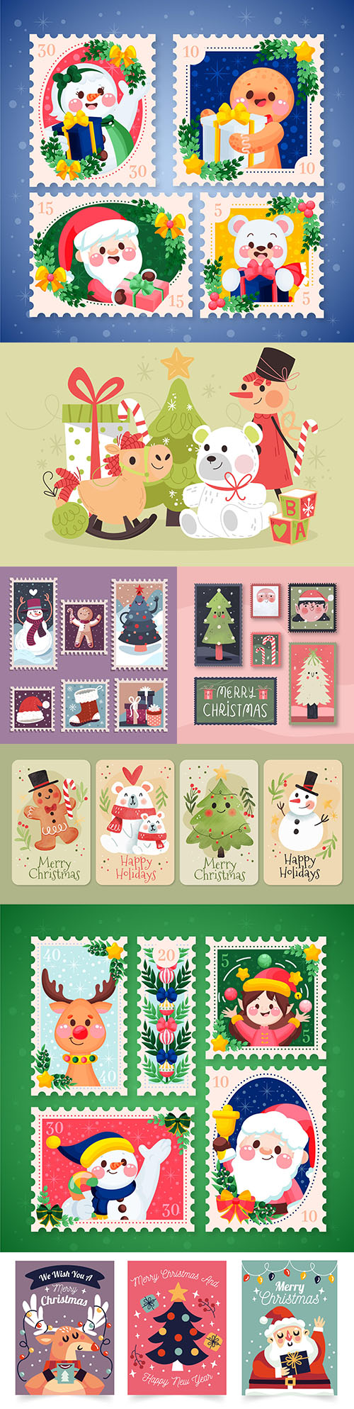 Christmas stamps and postcards flat design collection painted
