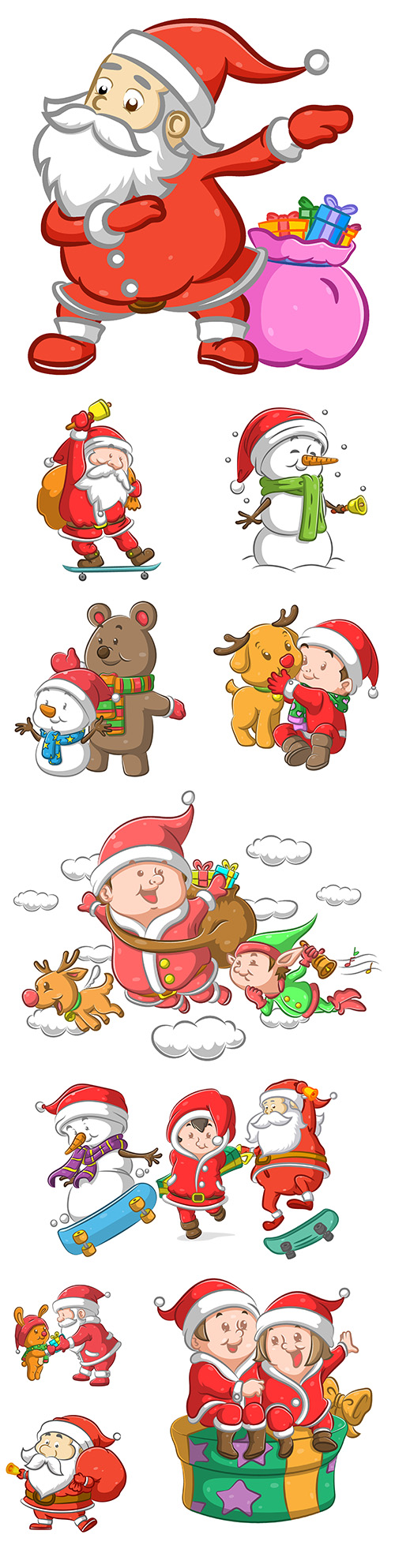 Santa Claus with bag of gifts and snowman with scarf
