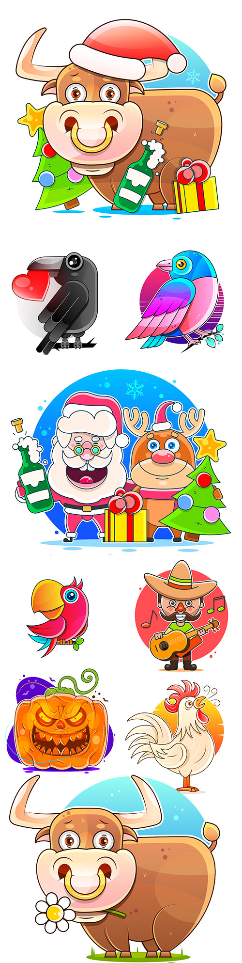 Symbol of year bull and collection of different cartoon characters illustration
