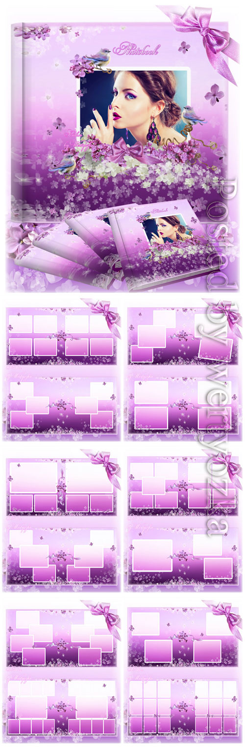 Stylish photo album with lilac flowers