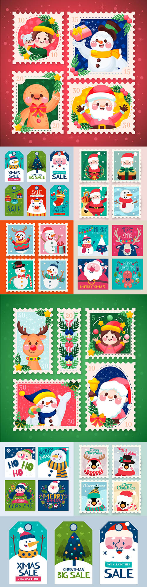Christmas stamps and postcards flat design collection painted 2
