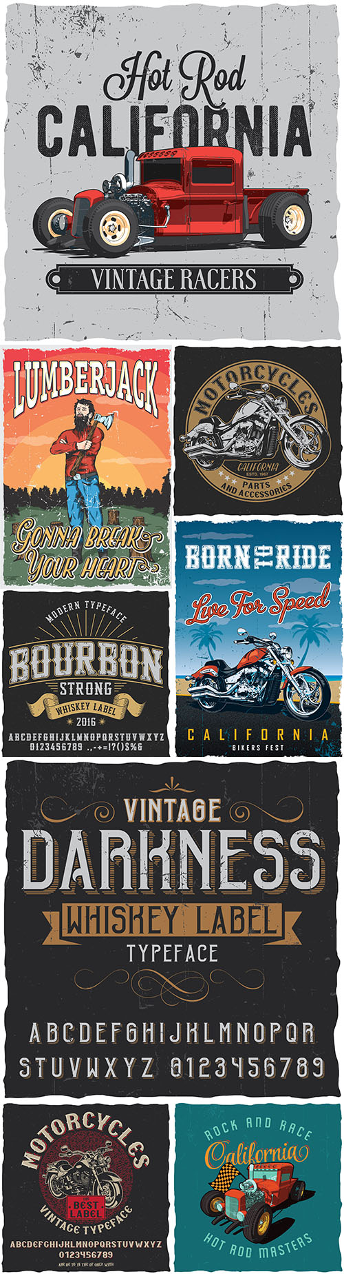 Vintage poster with details and accessories of motorcycles for T-shirts
