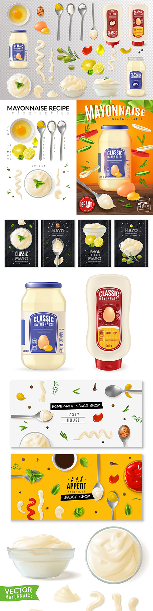 Realistic illustrations of glass can mayonnaise and recipe
