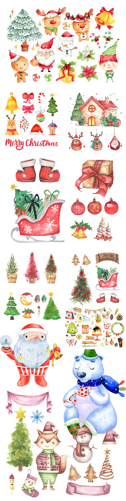 Set of Christmas decorations watercolor illustrations and elements
