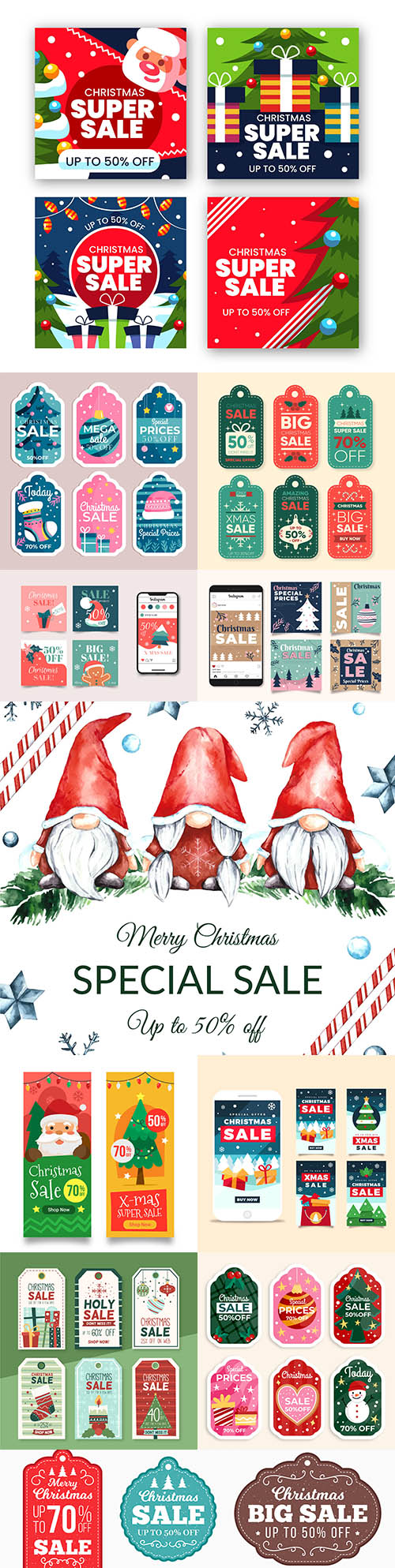 Christmas sale on instagram painted banners in flat design
