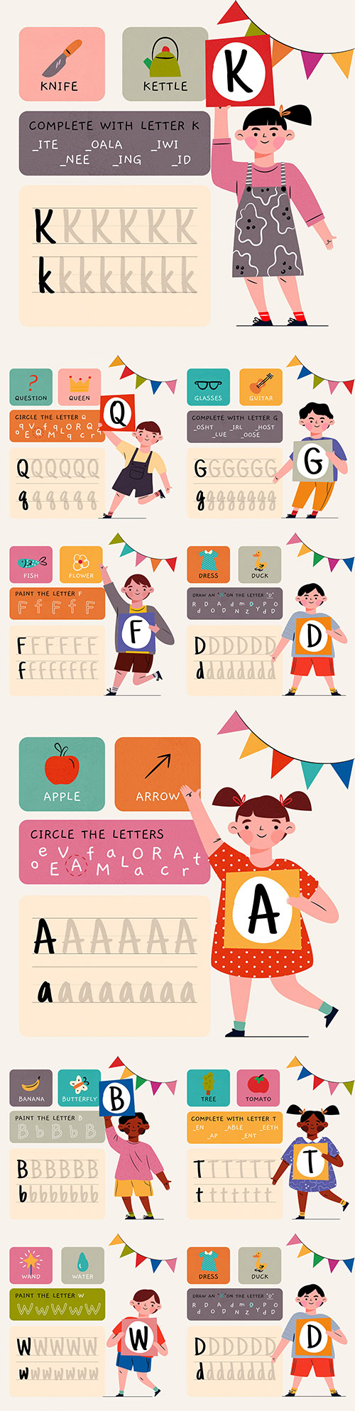 Alphabet letter word meaning and spelling illustrations
