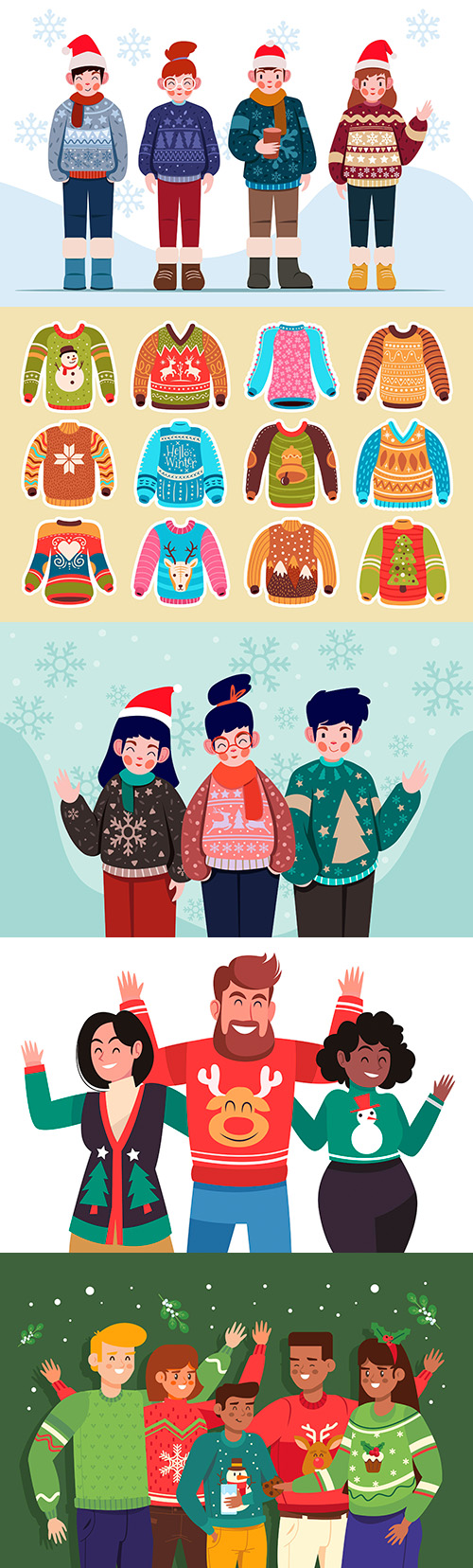 Happy people in knitted sweater with Christmas pattern 
