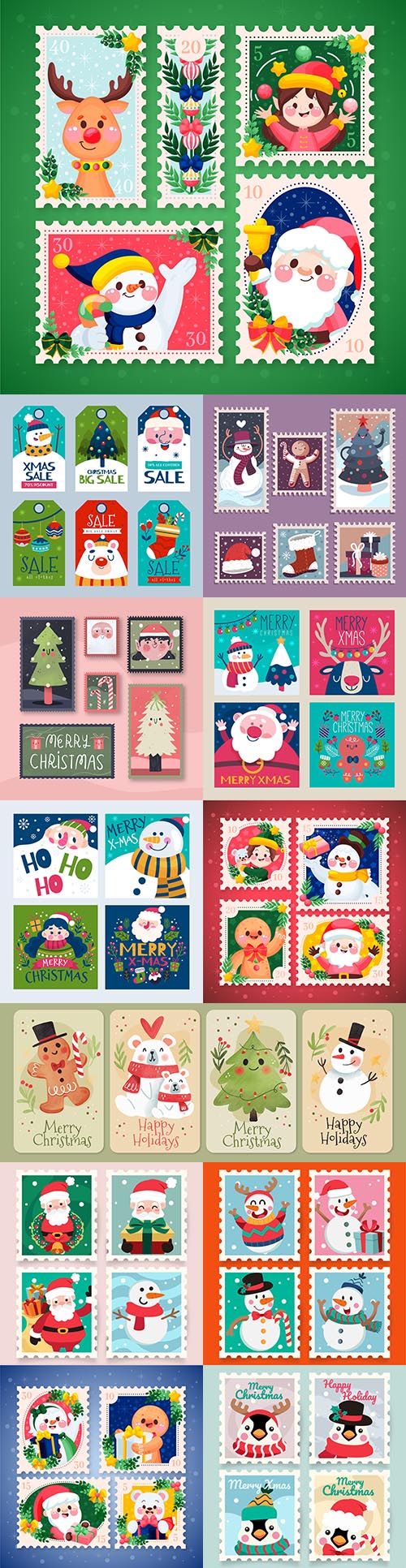 Christmas stamps and postcards flat design collection painted 4
