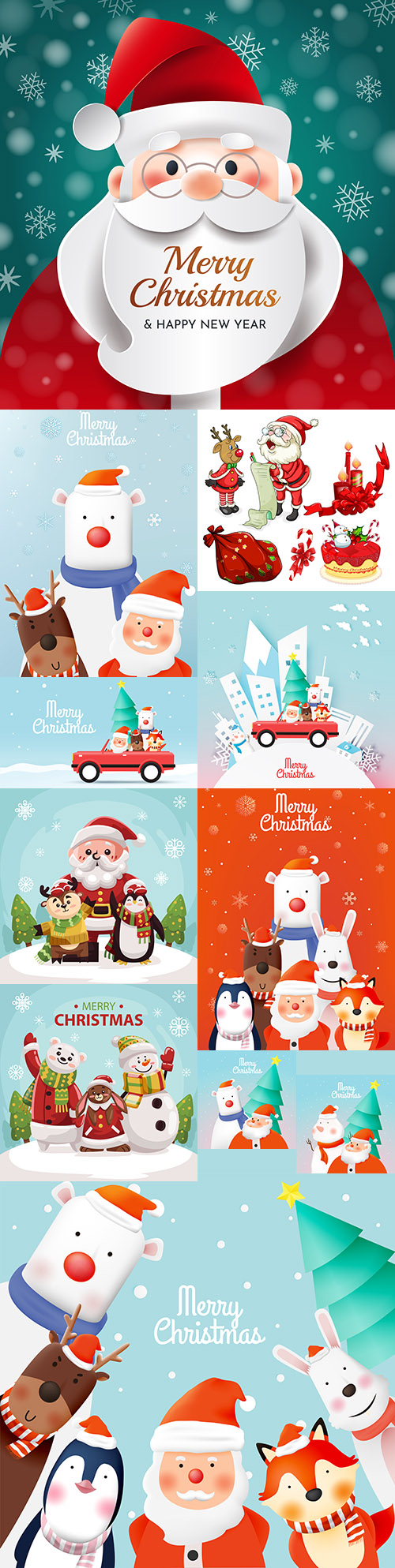 Santa Claus and friends animal cute New Year characters illustrations
