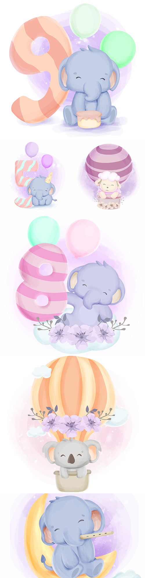 Cute elephant with balls and numbers watercolor illustration
