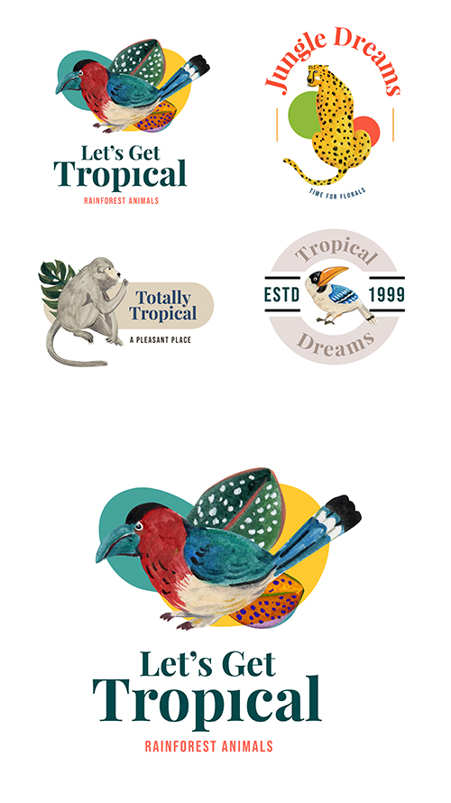 Tropical birds design watercolor company logos
