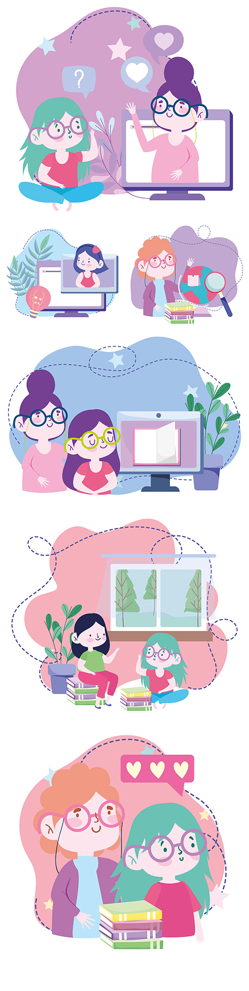 Online education and homework painted flat illustrations
