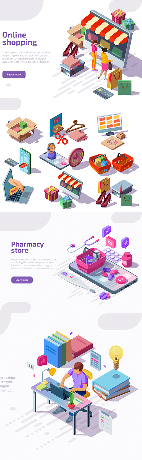 Online store and education design isometric landing page
