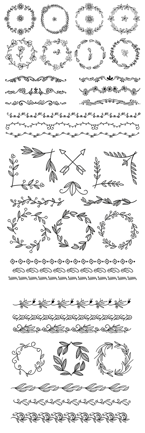Decorative hand-drawn flowers and patterns elements
