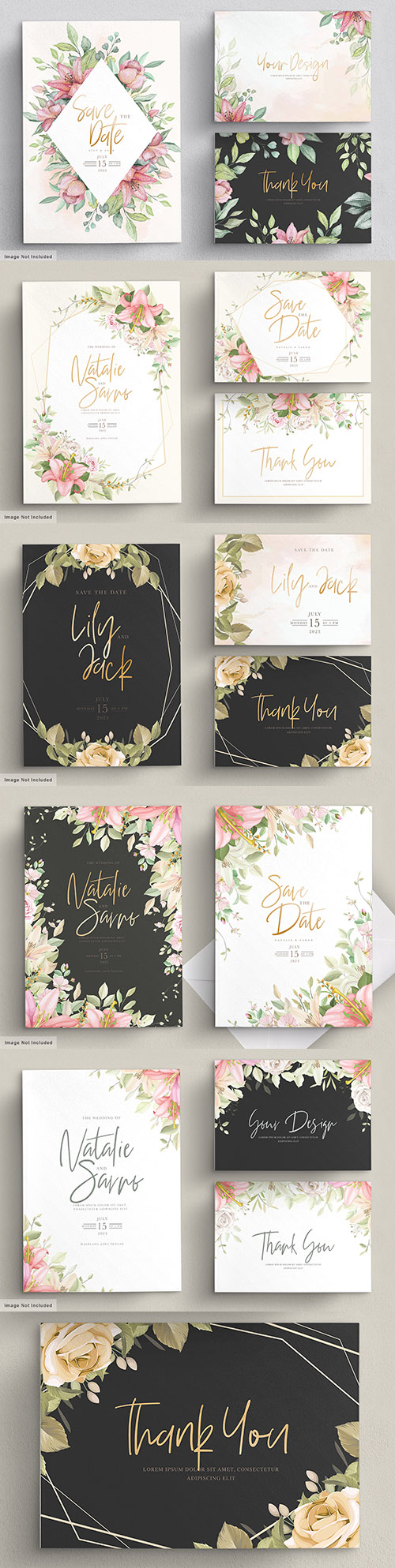 Floral wedding invitations design set drawn illustration