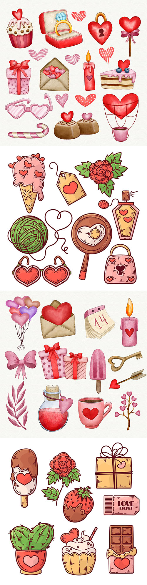 Collection elements for Valentine's Day watercolor design