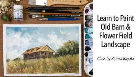 Old Barn and Flower Field Landscape Painting in Watercolor