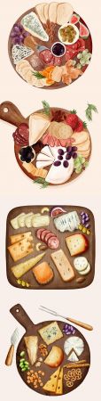 Cutting cheese on wooden board watercolor illustration