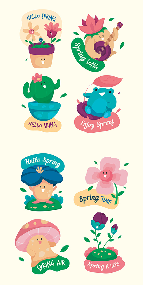 Hello spring collection decorative labels in flat design
