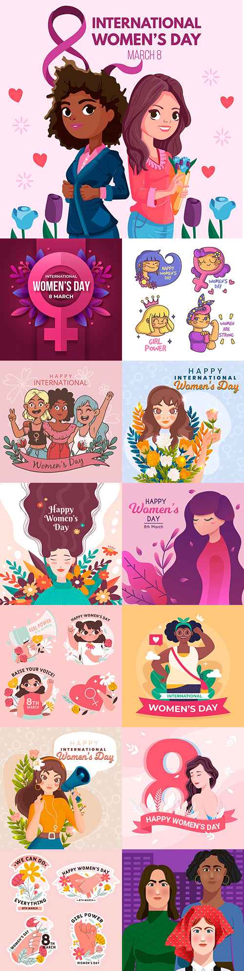 International Women's Day 8 March illustration with woman and flowers