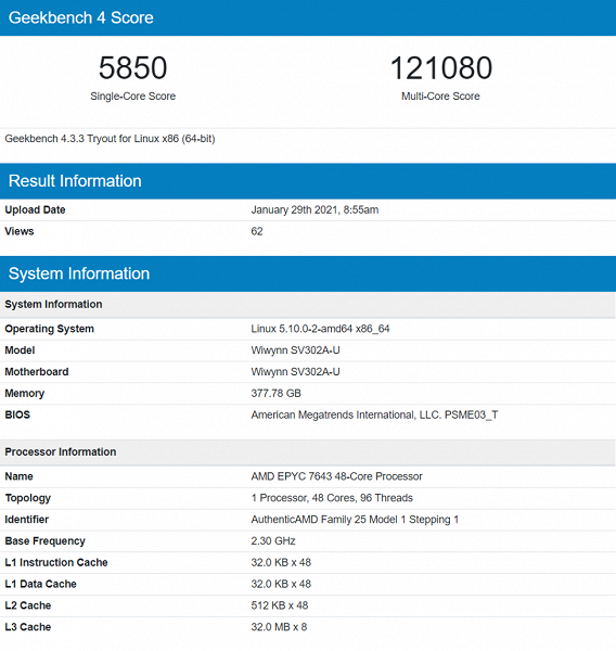 48-ядерный процессор AMD Epyc 7643(Milan)уничтожил два 28-ядерных процессора Intel в Geekbench