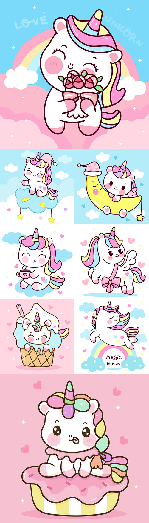 Cute cartoon unicorn on sweet cloud illustration
