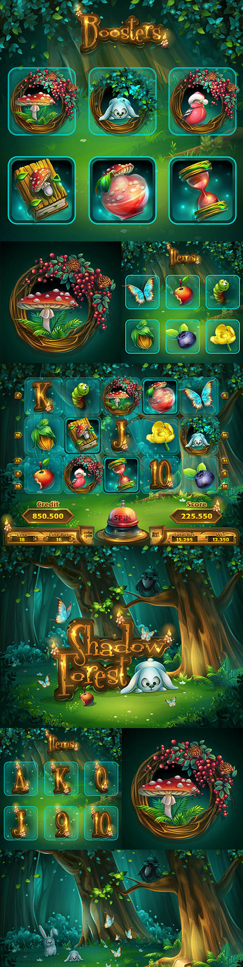 Set of computer game interface items shadowy forest
