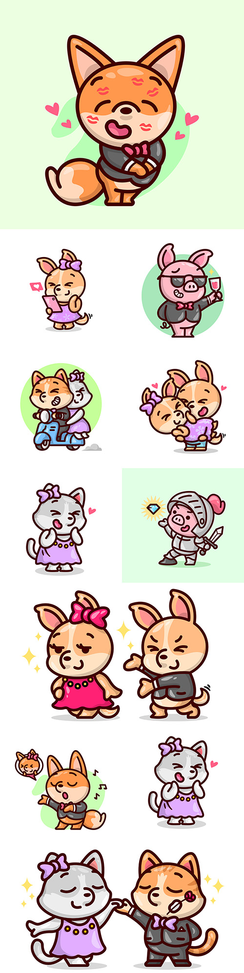 Cute animals in fashionable outfit painted design
