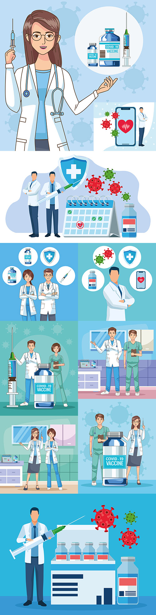 Doctors characters with vaccine illustration scene in hospital

