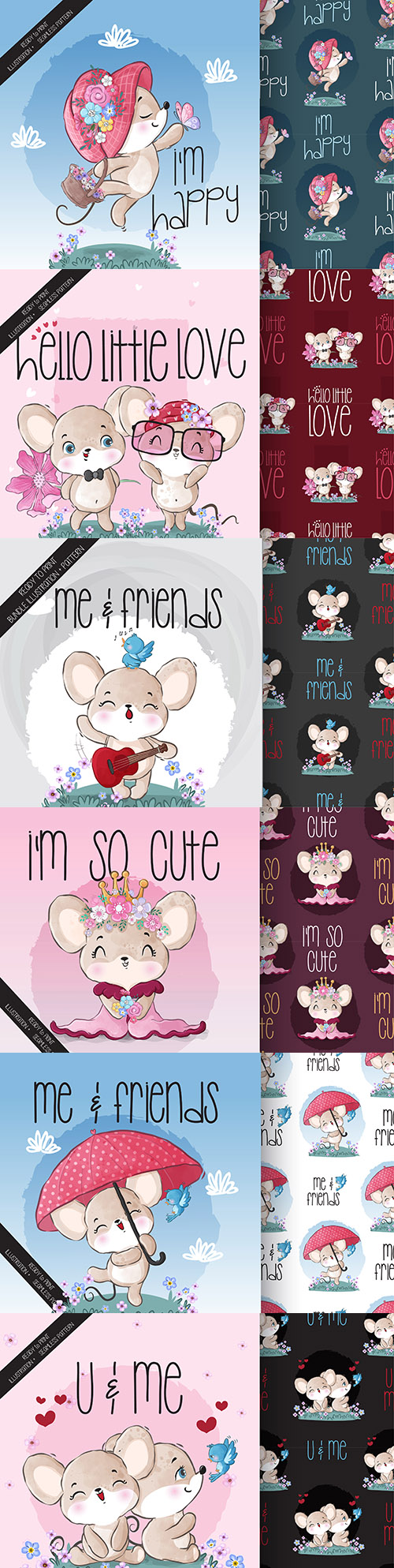 Cute mouse animals and seamless patterns
