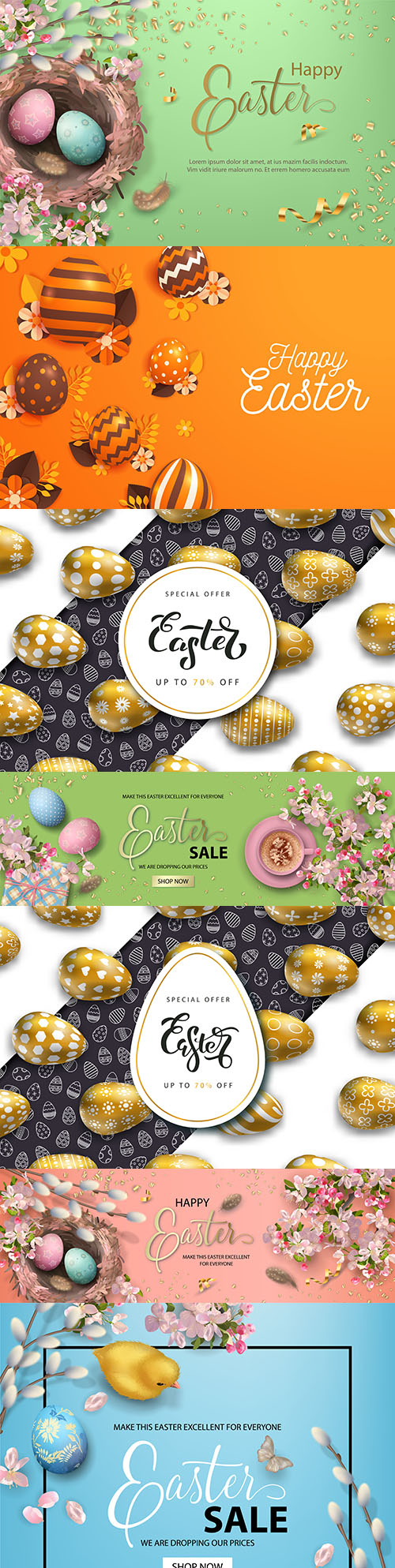 Happy Easter banners with golden eggs and flowers