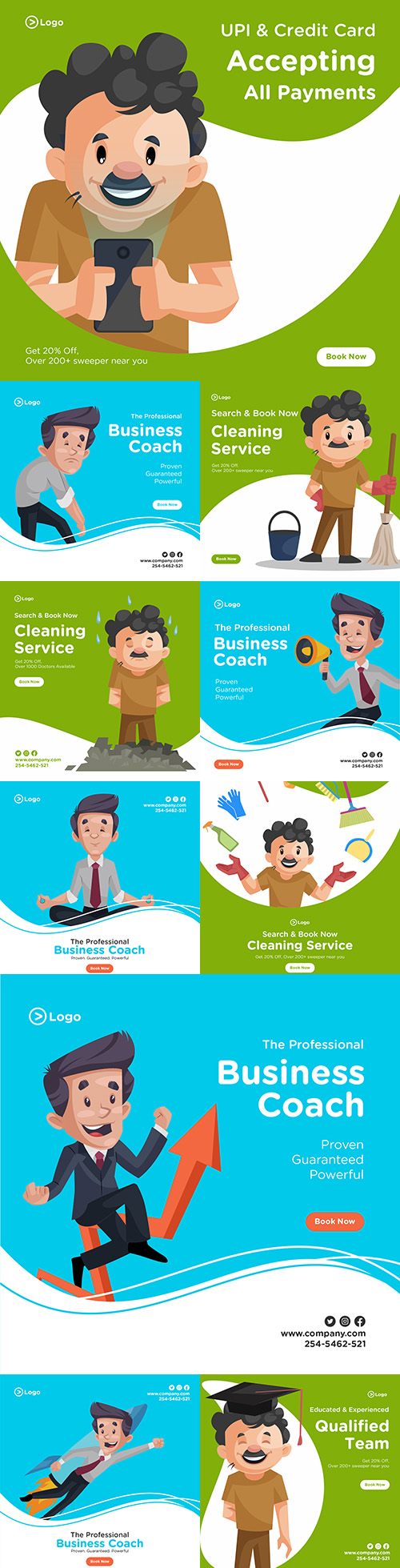 Cleaning banner design with cleaning equipment and businessman
