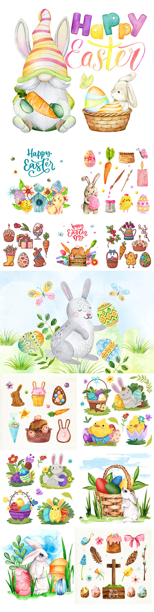 Happy Easter collection of watercolor illustrations and elements
