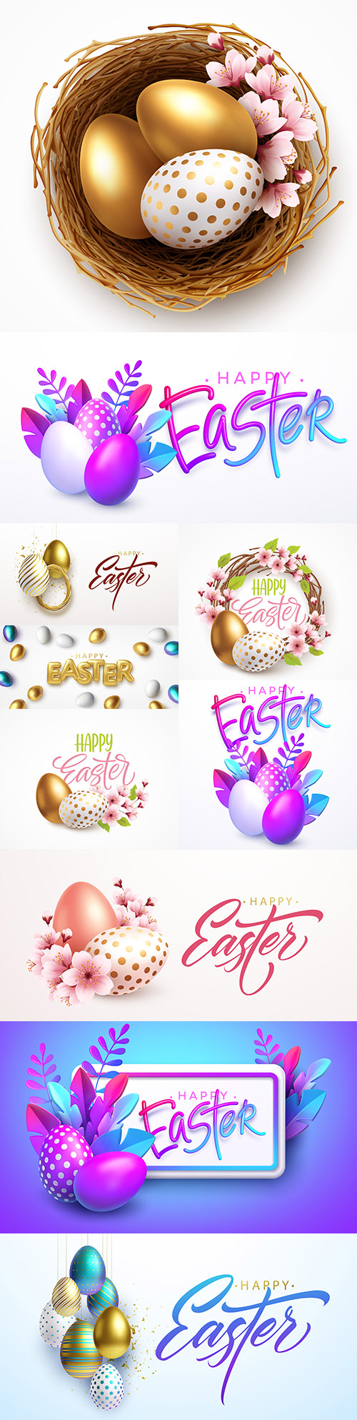Happy Easter background with realistic eggs and spring flowers
