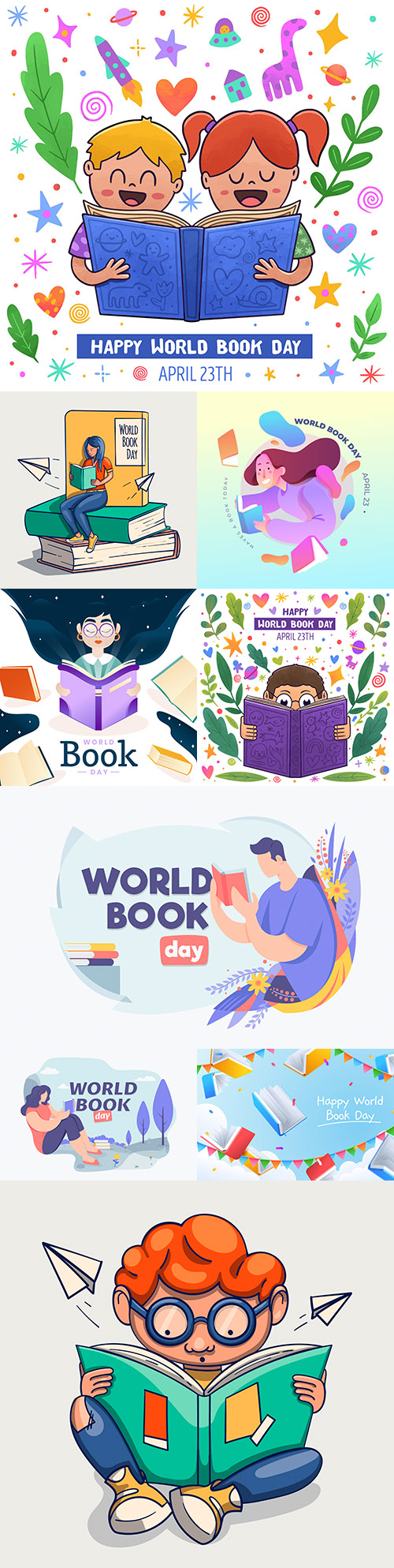World Book day collection of illustrations flat design and watercolor
