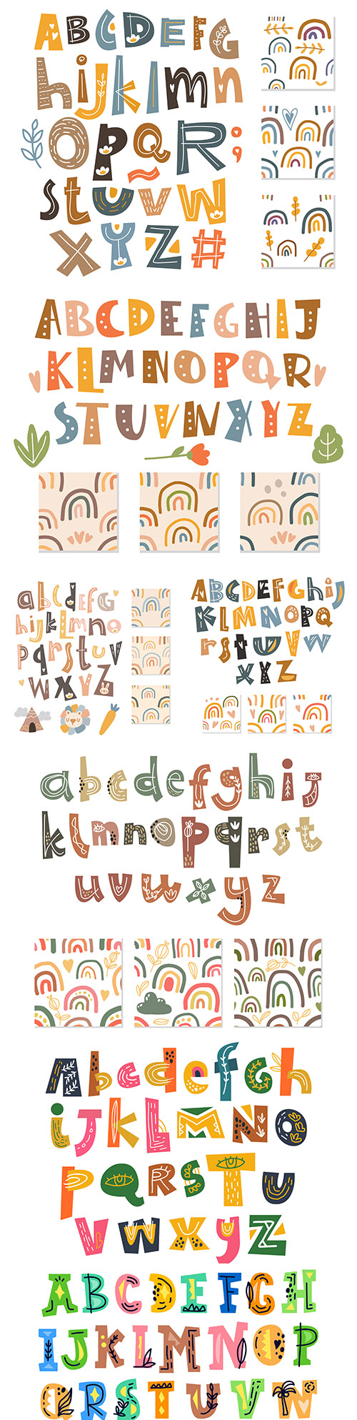 Scandinavian alphabet and seamless background set of elements
