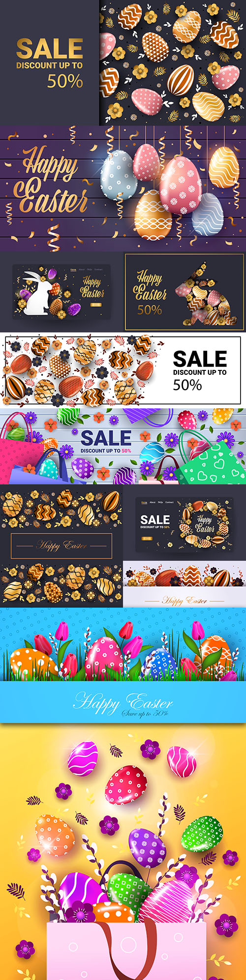 Happy Easter sale banner with decorative eggs and flowers