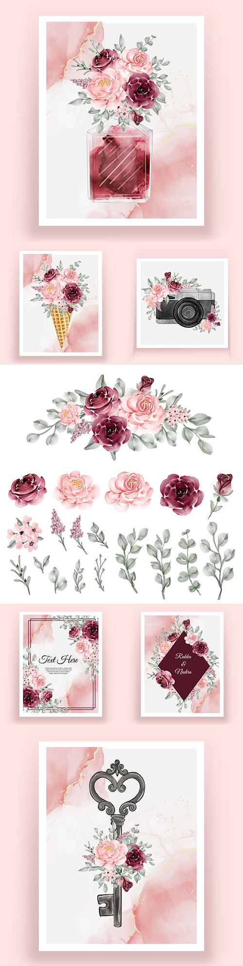 Watercolor elegant rose decorative flowers for invitational design