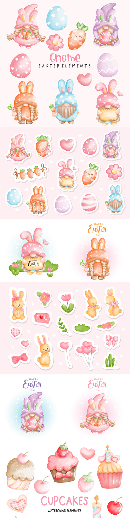 Happy Easter with cute gnome and watercolor stickers
