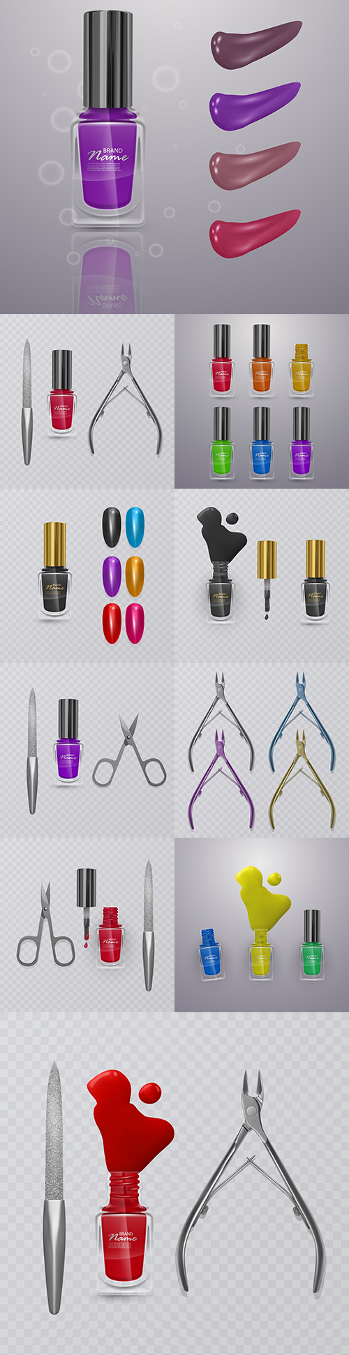 Varnish bright colors and set accessories for manicure 3d illustration
