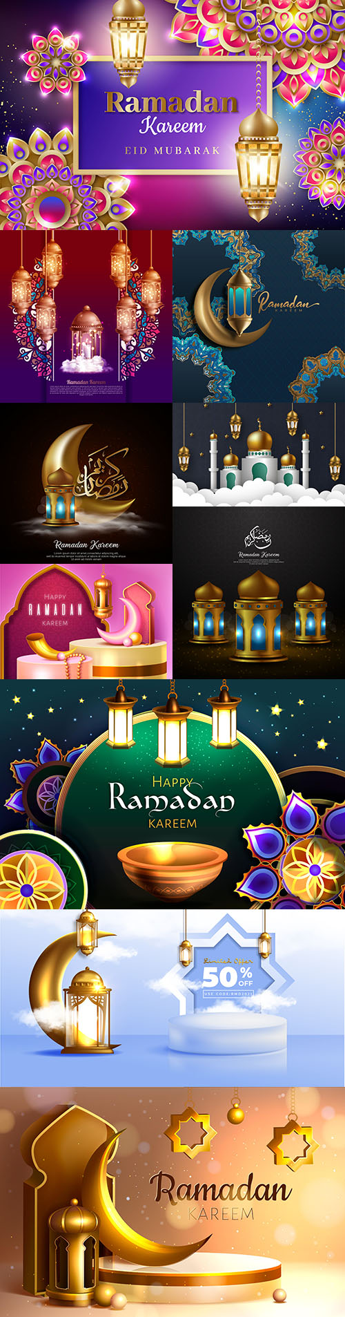 Islamic greeting Ramadan Kareem design with lanterns and crescent 2